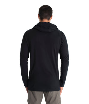 Person wearing a black hoodie from behind on a white background