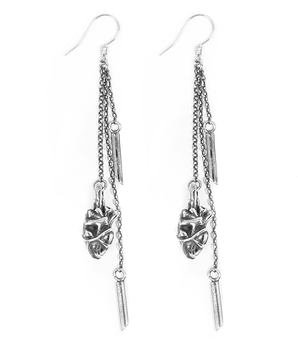 Pair of silver earrings with chain designs on a white background
