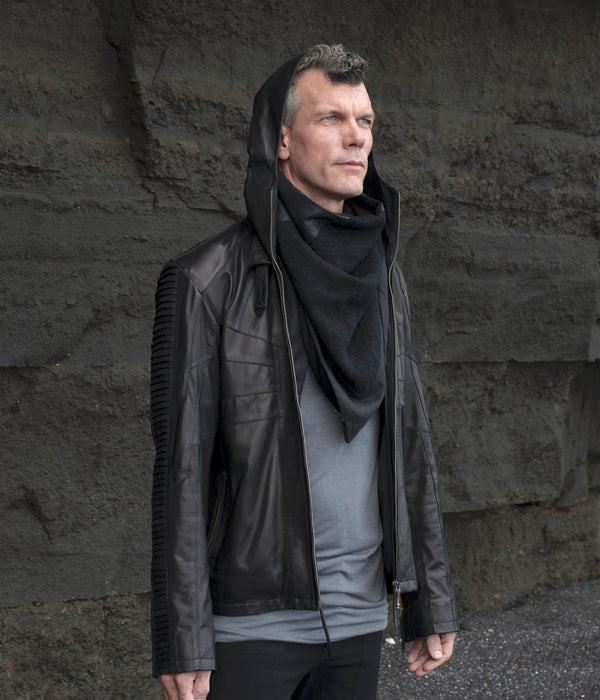 slim fitting hooded sheep leather jacket with layered scales down the arms. 