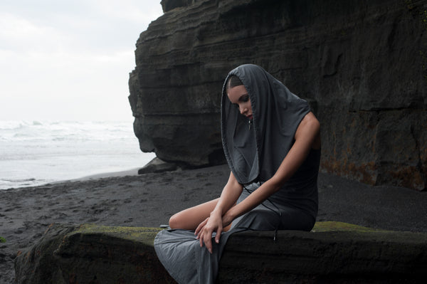 Comfortable and stylish this long hooded dress is  made of ultra soft bamboo & GOTS certified organic cotton 100% leather strings Ultra High Slit Approx 64" from armpit to ground Designed by Jan Hilmer Made in Small Batches