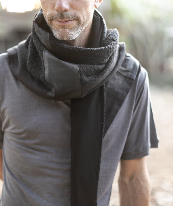 Handmade linen shawl with leather details. leather scarf. 