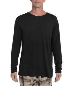 Relax fit long sleeve men's shirt crafted from light weight bamboo-cotton blend.  With 2 asymmetrical seam lines on its front, and 1 vertical seam running down its back this men's shirt is simple yet unique and original.  