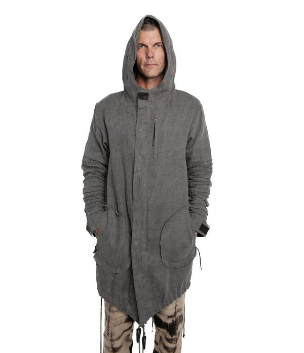  light weight linen parka. Featuring large lined hood, hidden snaps over front zip fastening, long sleeves with ribbed detail, 