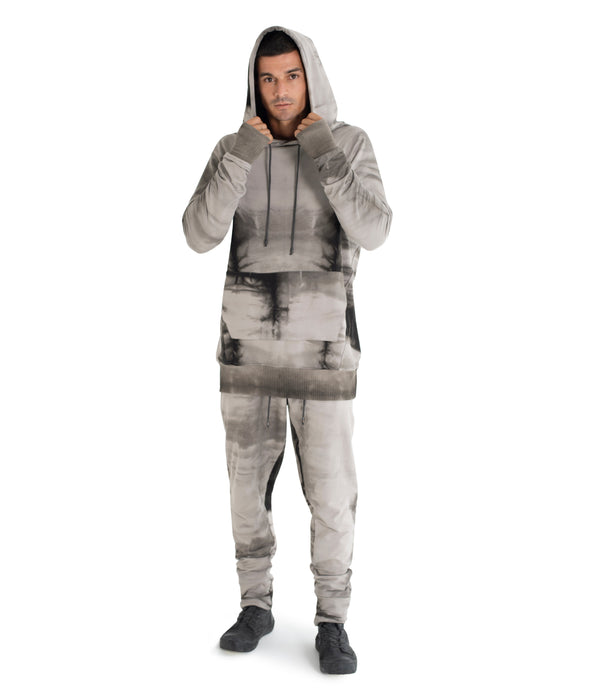 Drawstring hoodie sweatshirt crafted from medium weight cotton terry finished with ecovero* ribbing, lined hood. Hand dyed with plant with shibori method.