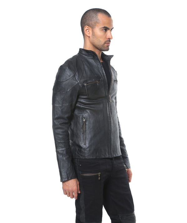 slim fitting hand washed black leather jacket. leather trimmed inside pocket.  silver print on black lining.