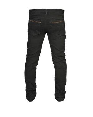 slim fitting black denim jeans with leather stripes, leather belt loops and leather piping around the pockets.