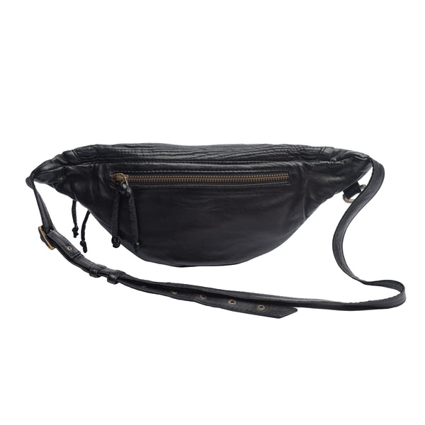 Leather fanny pack. Compact, adjustable leather waist bag designed to carry a wallet, an iphone, a few miscellaneous items and some keys.