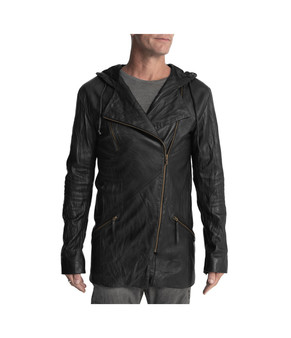 Long men's leather jacket with hood. Custom signature hardware. Sheep skin leather jacket.