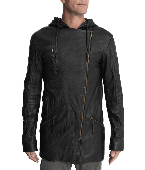 long hand washed leather hoody jacket with asymmetrical zip closure.