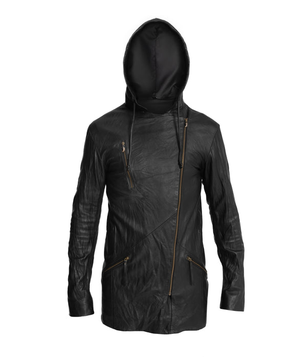 Long men's leather jacket with hood. Custom signature hardware. Sheep skin leather jacket.