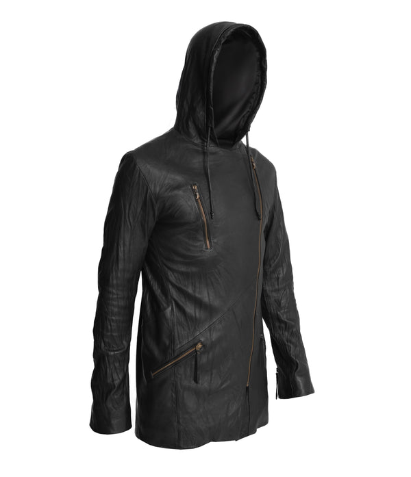 Long men's leather jacket with hood. Custom signature hardware. Sheep skin leather jacket.