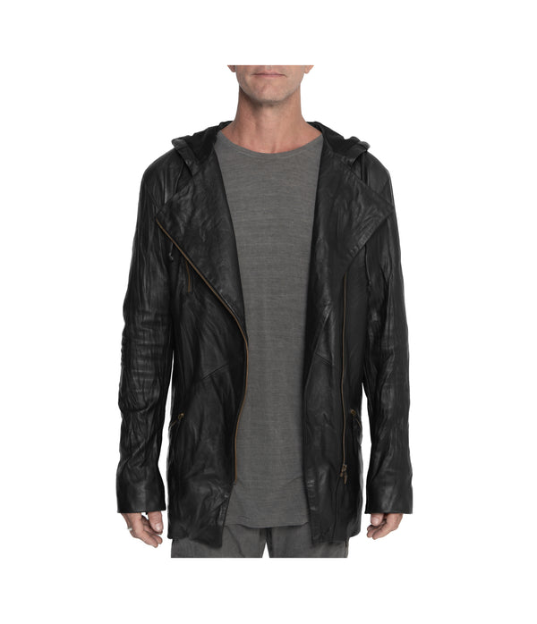 Long men's leather jacket with hood. Custom signature hardware. Sheep skin leather jacket.