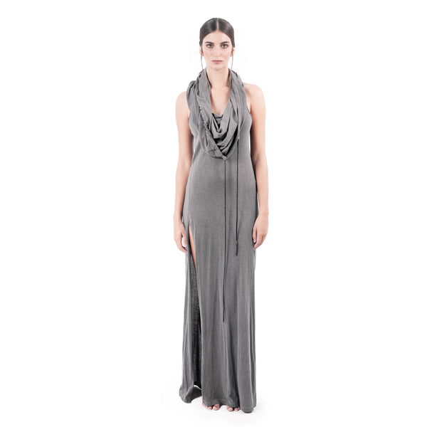 Comfortable and stylish this long hooded dress is  made of ultra soft bamboo & GOTS certified organic cotton 100% leather strings Ultra High Slit Approx 64" from armpit to ground Designed by Jan Hilmer Made in Small Batches