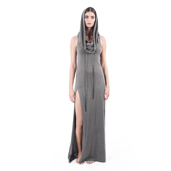Comfortable and stylish this long hooded dress is  made of ultra soft bamboo & GOTS certified organic cotton 100% leather strings Ultra High Slit Approx 64" from armpit to ground Designed by Jan Hilmer Made in Small Batches