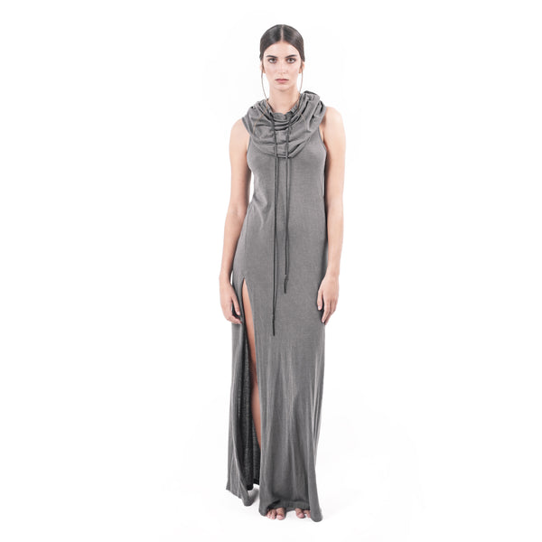 Comfortable and stylish this long hooded dress is  made of ultra soft bamboo & GOTS certified organic cotton 100% leather strings Ultra High Slit Approx 64" from armpit to ground Designed by Jan Hilmer Made in Small Batches