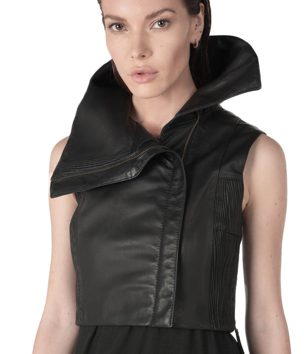 sculptural lambskin sleeveless vest with high flared collar,