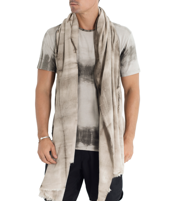 Shibori handwoven cotton shawl with frayed edges