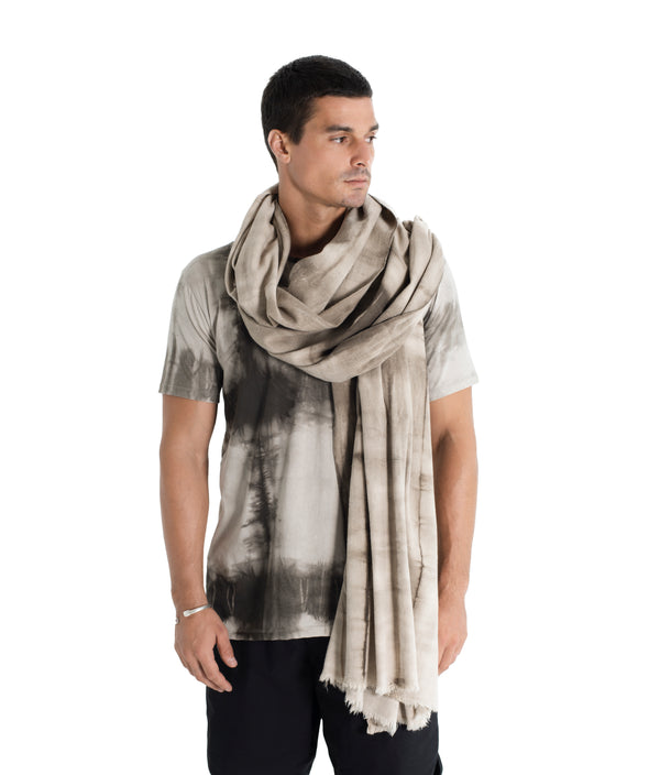 Shibori handwoven cotton shawl with frayed edges