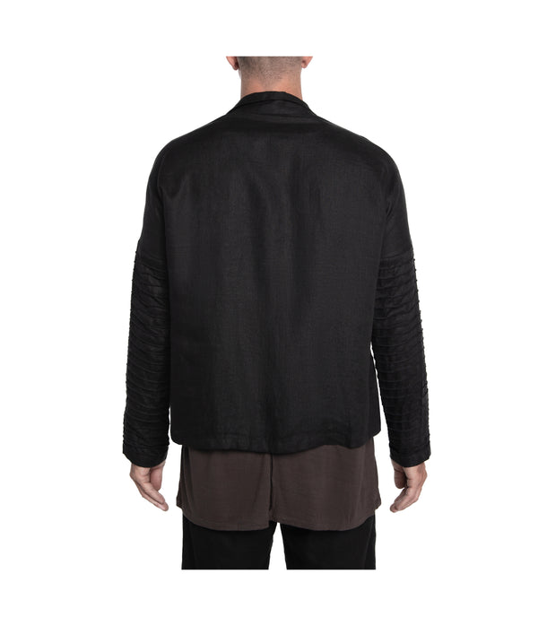 Men's kimono style jacket crafted from 100% linen, featuring ribbed detail down the sleeves, 3 front-tie fastening and 2 front pockets.  100% linen