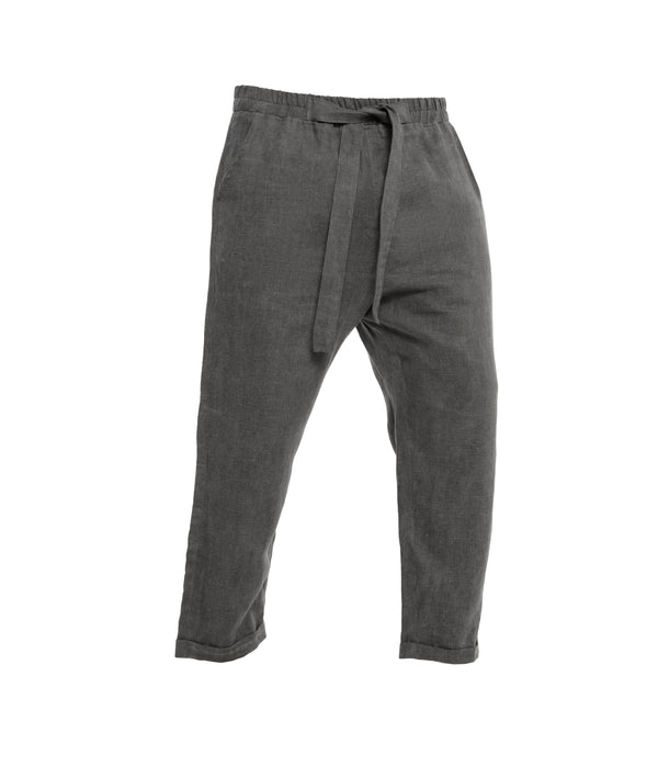 Ankle length unisex trousers, crafted from 100% linen, front-tie fastening, elastic on waist and 2 front pockets.  100% linen