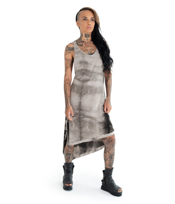 Easy to wear, relax fit, asymmetrical tank dress made of very soft eco-bamboo and cotton jersey blend. Raw hem finish, linen string tied back. Hand dyed with plants.