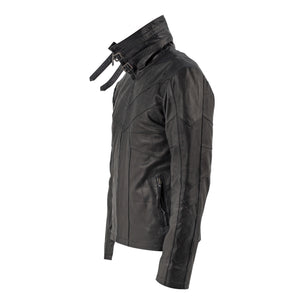 High quality sheep leather slim fitting jacket. detailed back stitching. zippers on the cuffs, leather trimmed inside pocket. zippered outside pockets. high collar features two of our hand cast brass buckles. Finishing touches include  black lining with a silver print.
