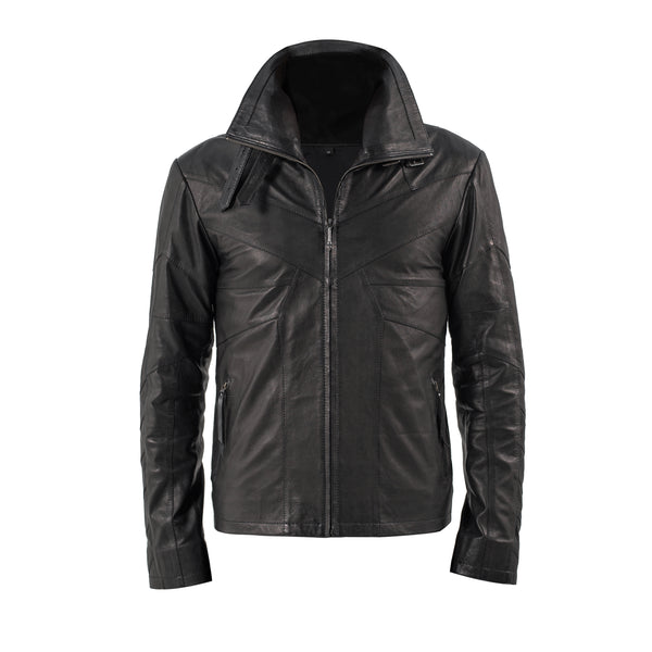 High quality sheep leather slim fitting jacket. detailed back stitching. zippers on the cuffs, leather trimmed inside pocket. zippered outside pockets. high collar features two of our hand cast brass buckles. Finishing touches include  black lining with a silver print.