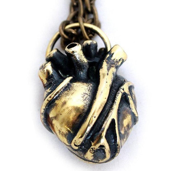 anatomical heart pendant. large brass heart. heart necklace on brass chain.