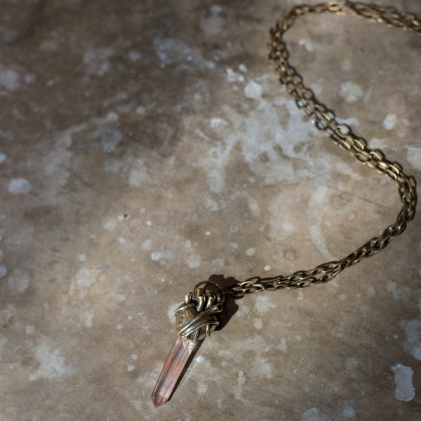 heart pendant with quartz crystal. brass heart. anatomical heart necklace.