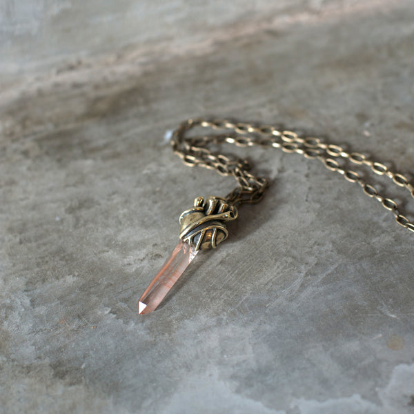 heart pendant with quartz crystal. brass heart. anatomical heart necklace.