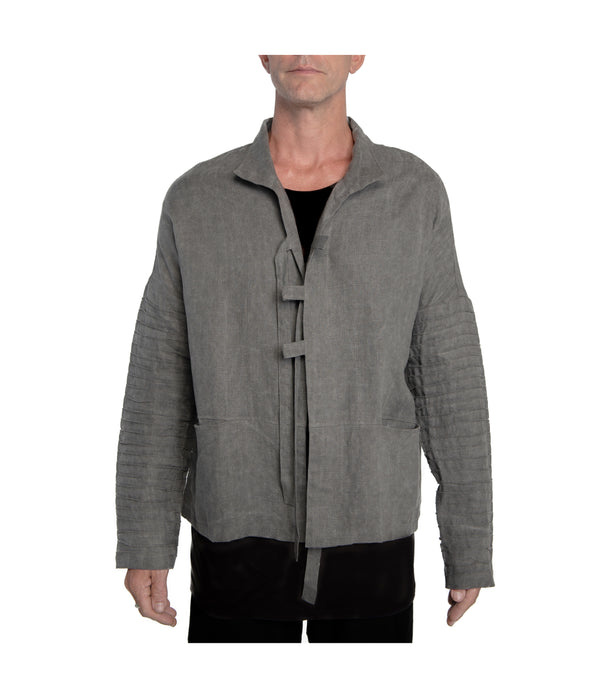 Men kimono style jacket crafted from 100% linen,  featuring ribbed detail down the sleeves, 3 front-tie fastening and 2 front pockets.